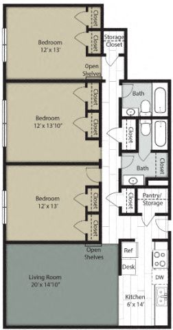 Floor plan for 3 beds, 2 baths, 1450 sqft